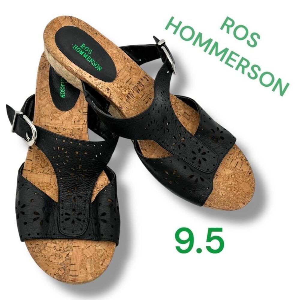 Ros Hommerson Women's Leather Cork Perforated Wedge Sandals Black Size 9.5M